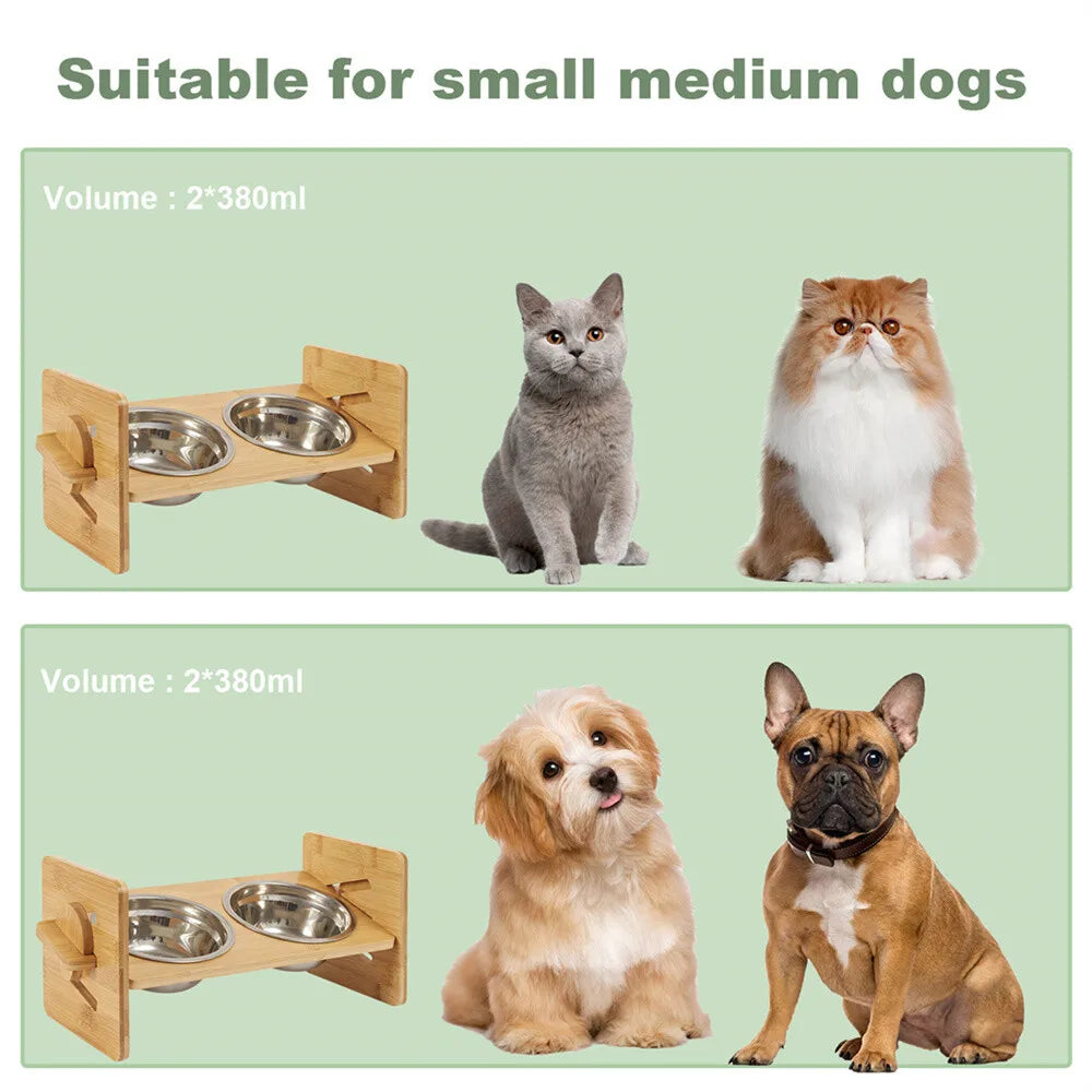Adjustable Elevated Dog Bowls With Bamboo And Stainless Steel Stand