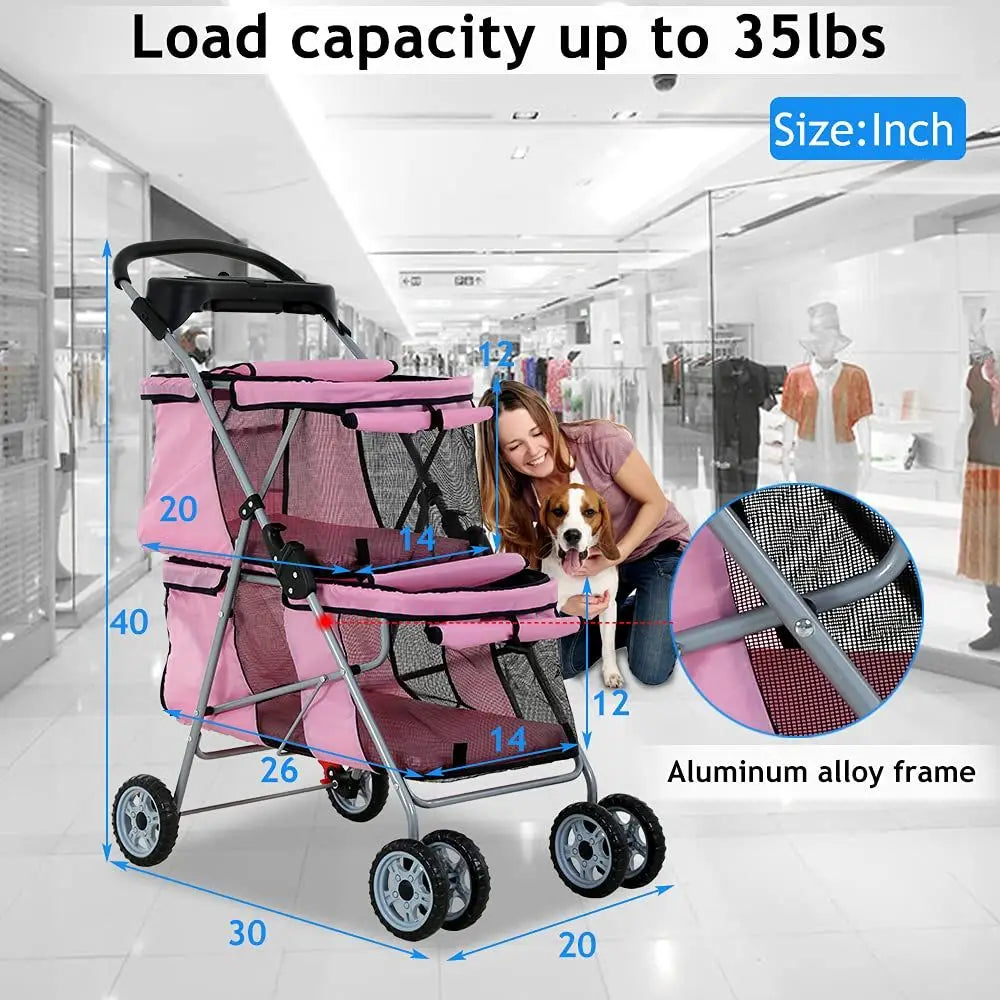 Double Pet Stroller For Dogs And Cats With Travel Carrier