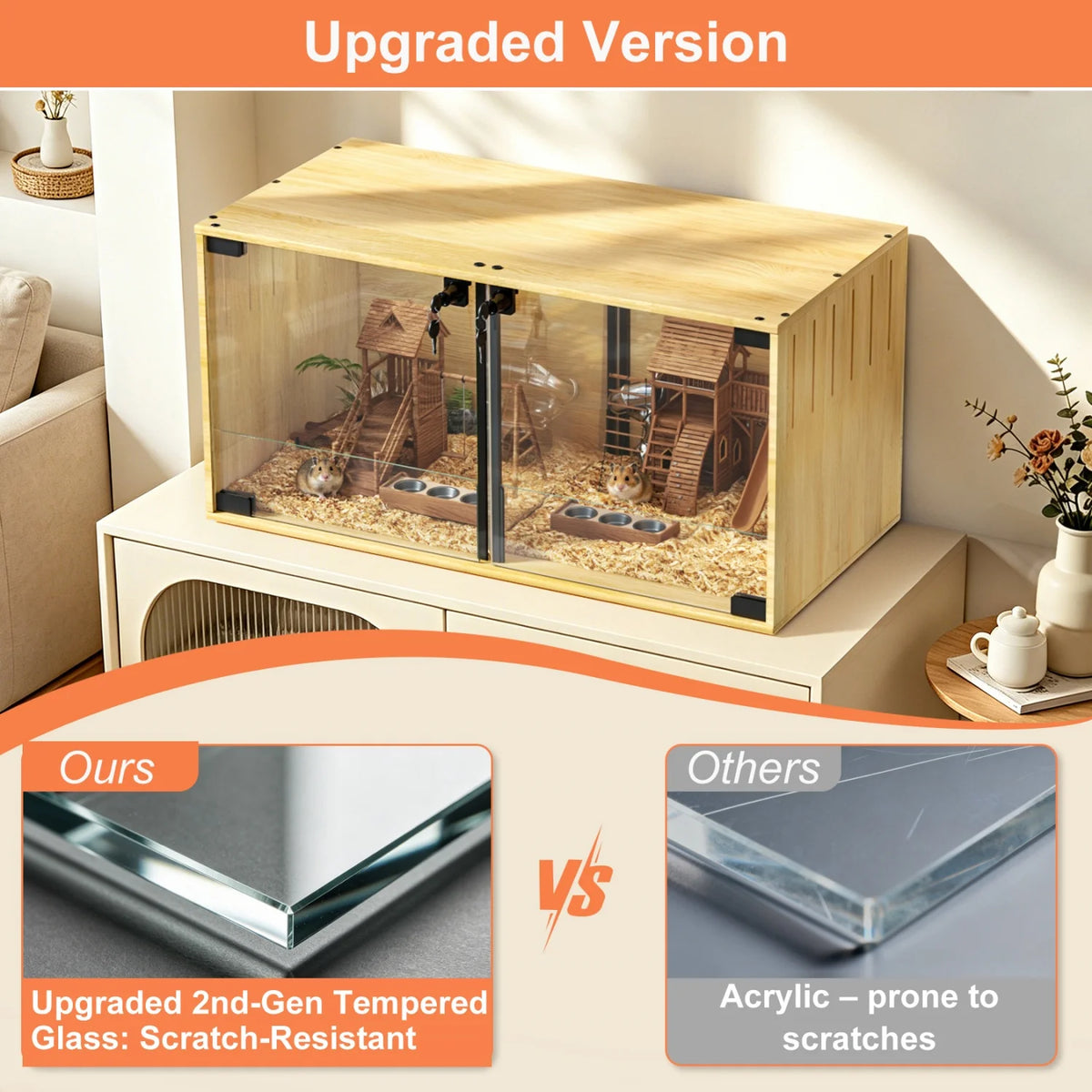 Wooden Small Animal Cage With Tempered Glass For Pets