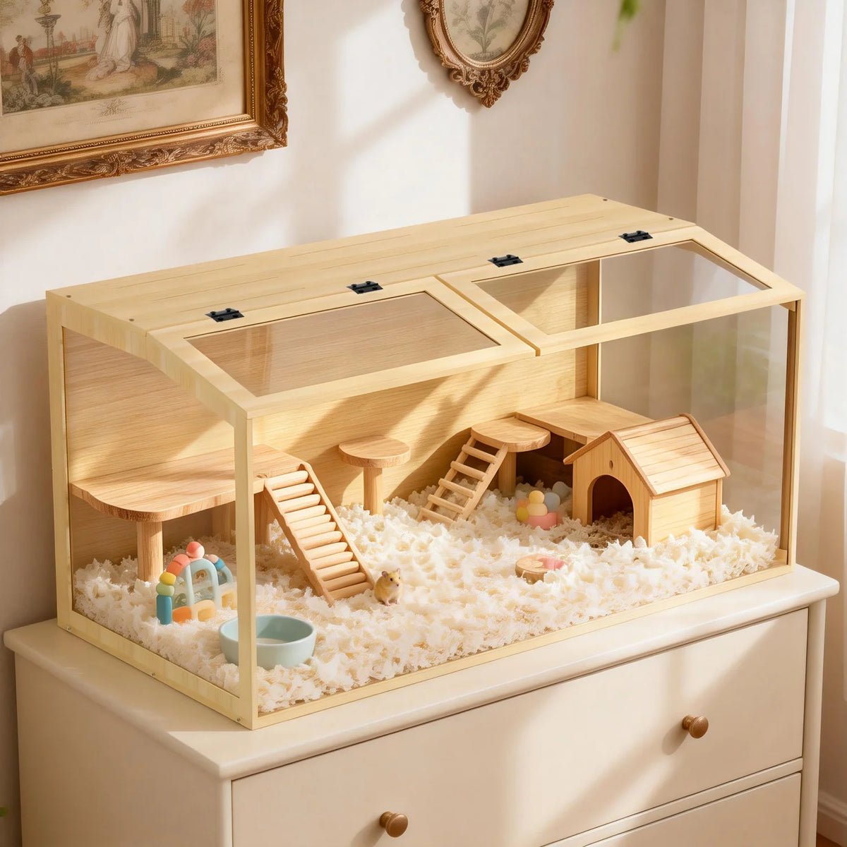 Wooden Hamster Cage With Tempered Glass Panels For Guinea Pigs