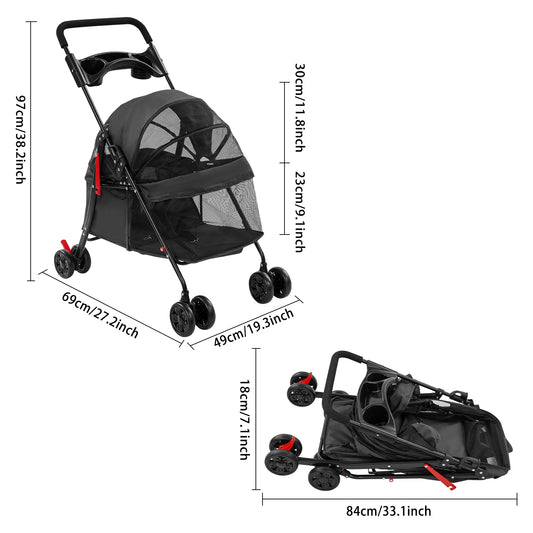 Foldable Pet Travel Stroller With Water Cup Holder And Foam Handle