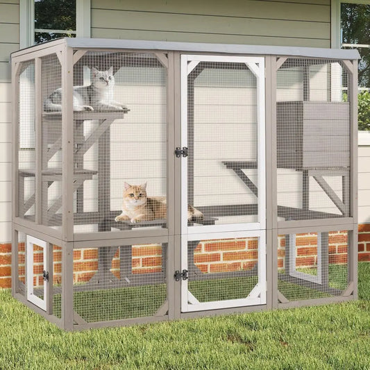 Wooden Outdoor Cat Enclosure With Multiple Platforms And Resting Boxes