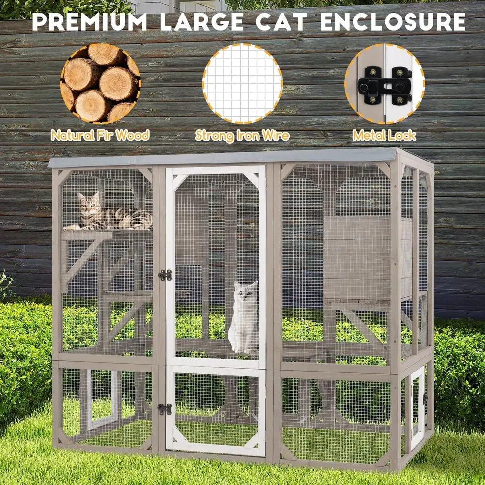 Wooden Outdoor Cat Enclosure With Multiple Platforms And Resting Boxes