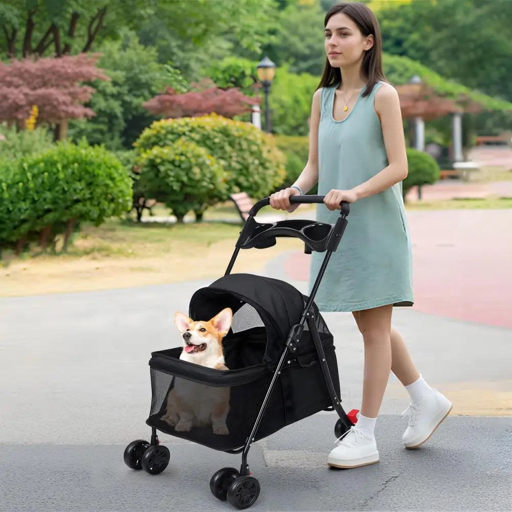 Folding Pet Stroller With Zipper Cage And Cup Holder