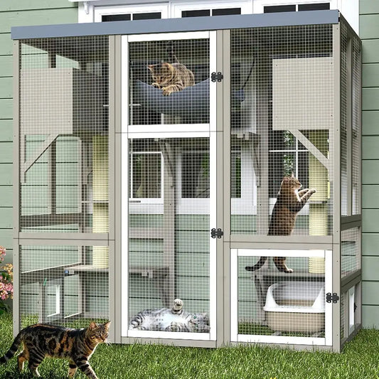Outdoor Catio Enclosure For Multiple Cats With Hammock Platform