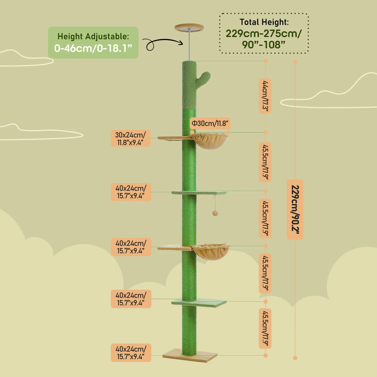 PEQULTI Cat Tower With Sisal Scratching Post And Hammock