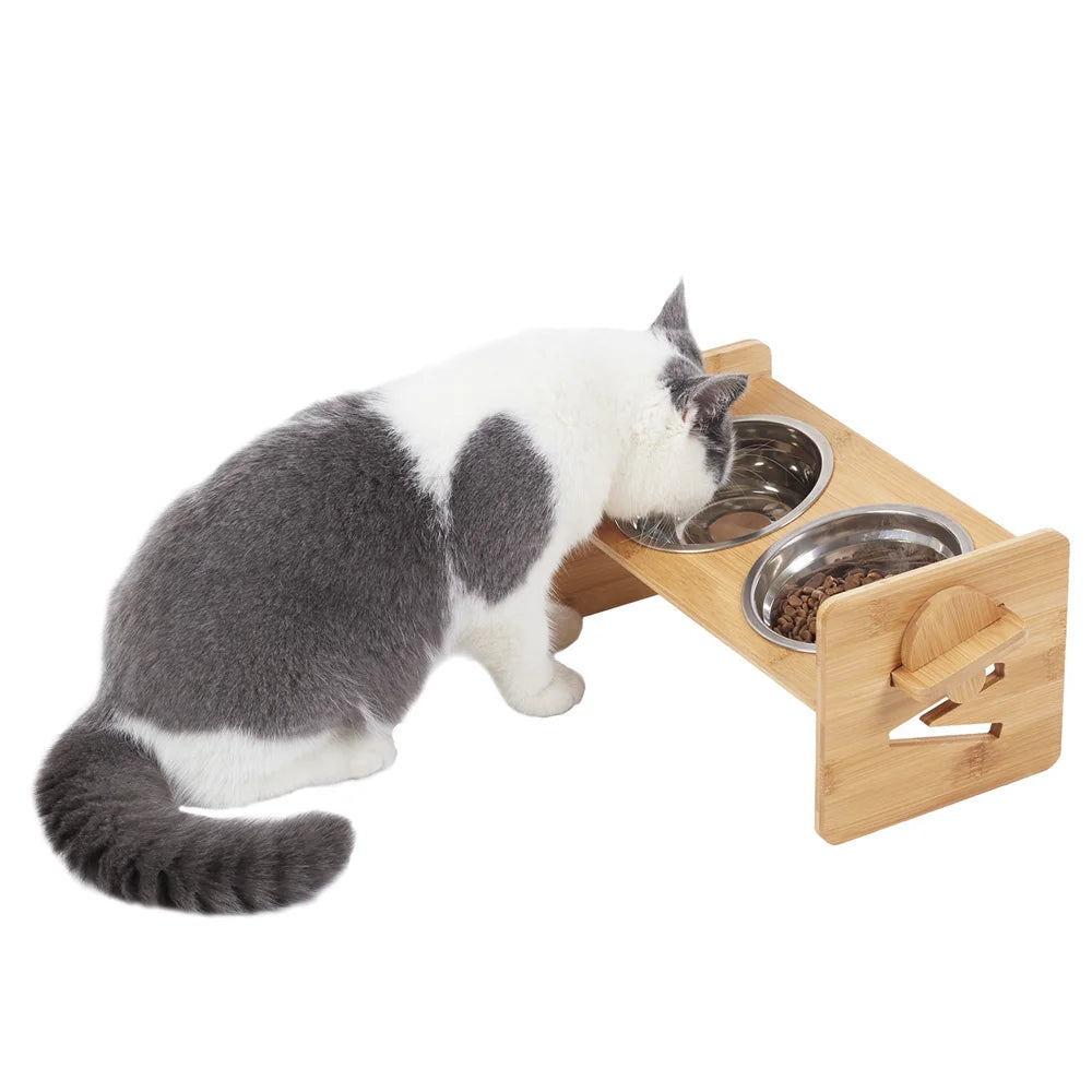 Adjustable Elevated Dog Bowls With Bamboo And Stainless Steel Stand