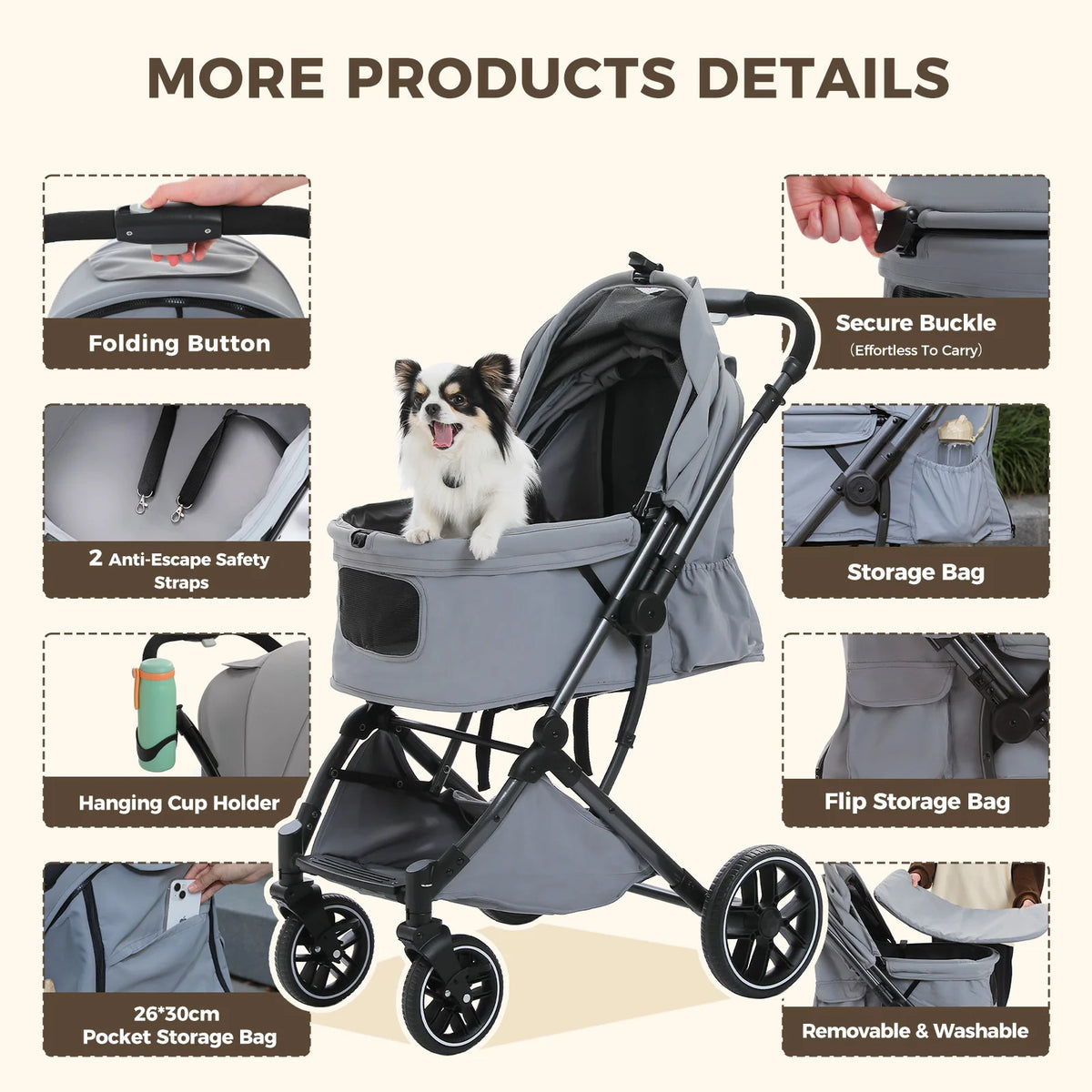 PAWZ Road Foldable Pet Stroller With Reversible Handle And Storage
