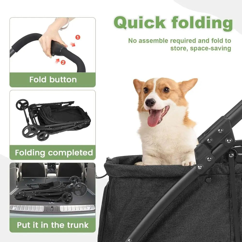Foldable Dog Travel Stroller With Heavy Duty Wheels Adjustable Handle