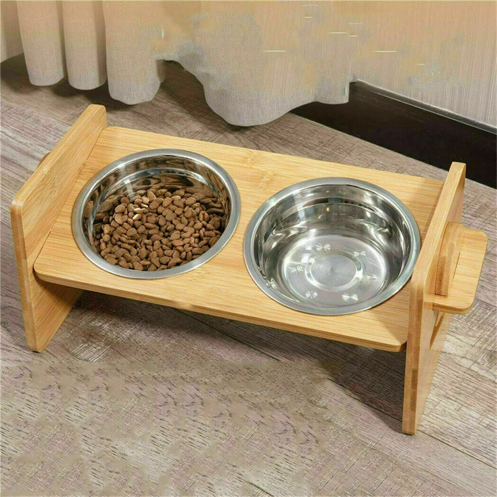 Adjustable Elevated Dog Bowls With Bamboo And Stainless Steel Stand