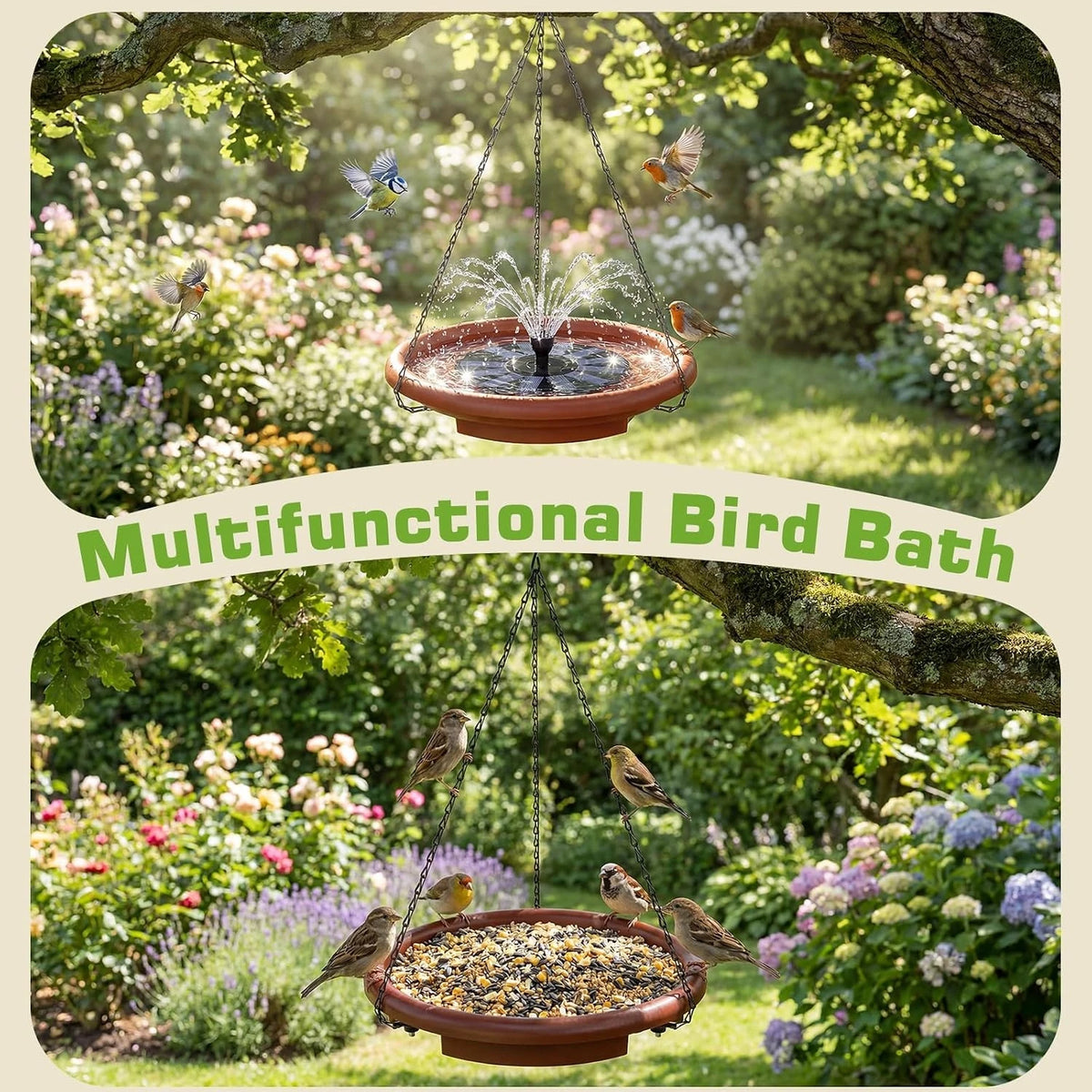 Hanging Solar Bird Bath With Fountain For Garden Decor