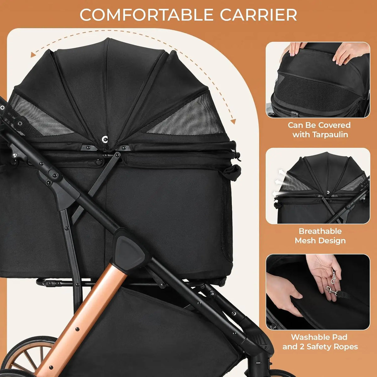 Foldable Pet Stroller For Medium Dogs Cats With Sun Shade