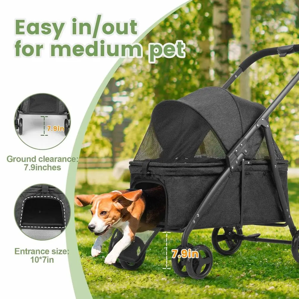 Foldable Dog Travel Stroller With Heavy Duty Wheels Adjustable Handle