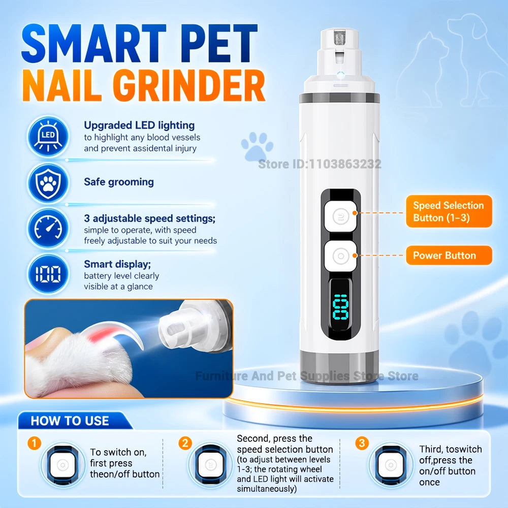 Electric Pet Nail Grinder With 3 Speed Settings LED Light