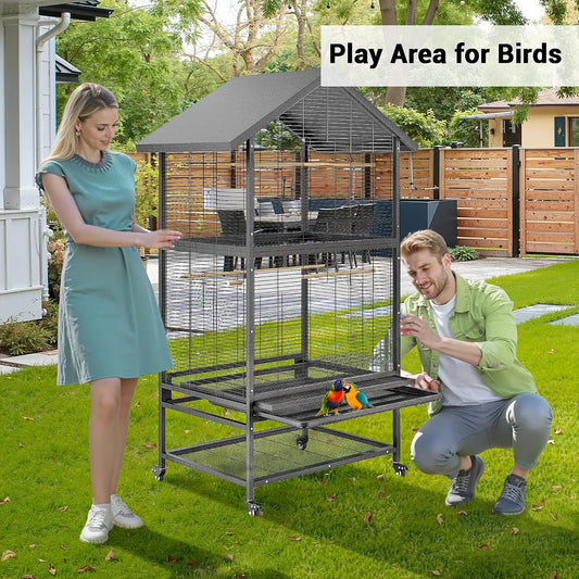 Large Wrought Iron Bird Cage With Rolling Stand For Parrots