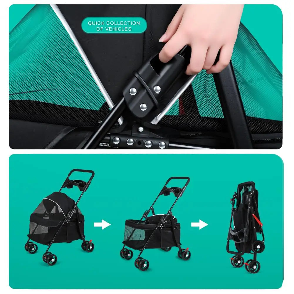 Folding Pet Stroller With Breathable Mesh And Cup Holder