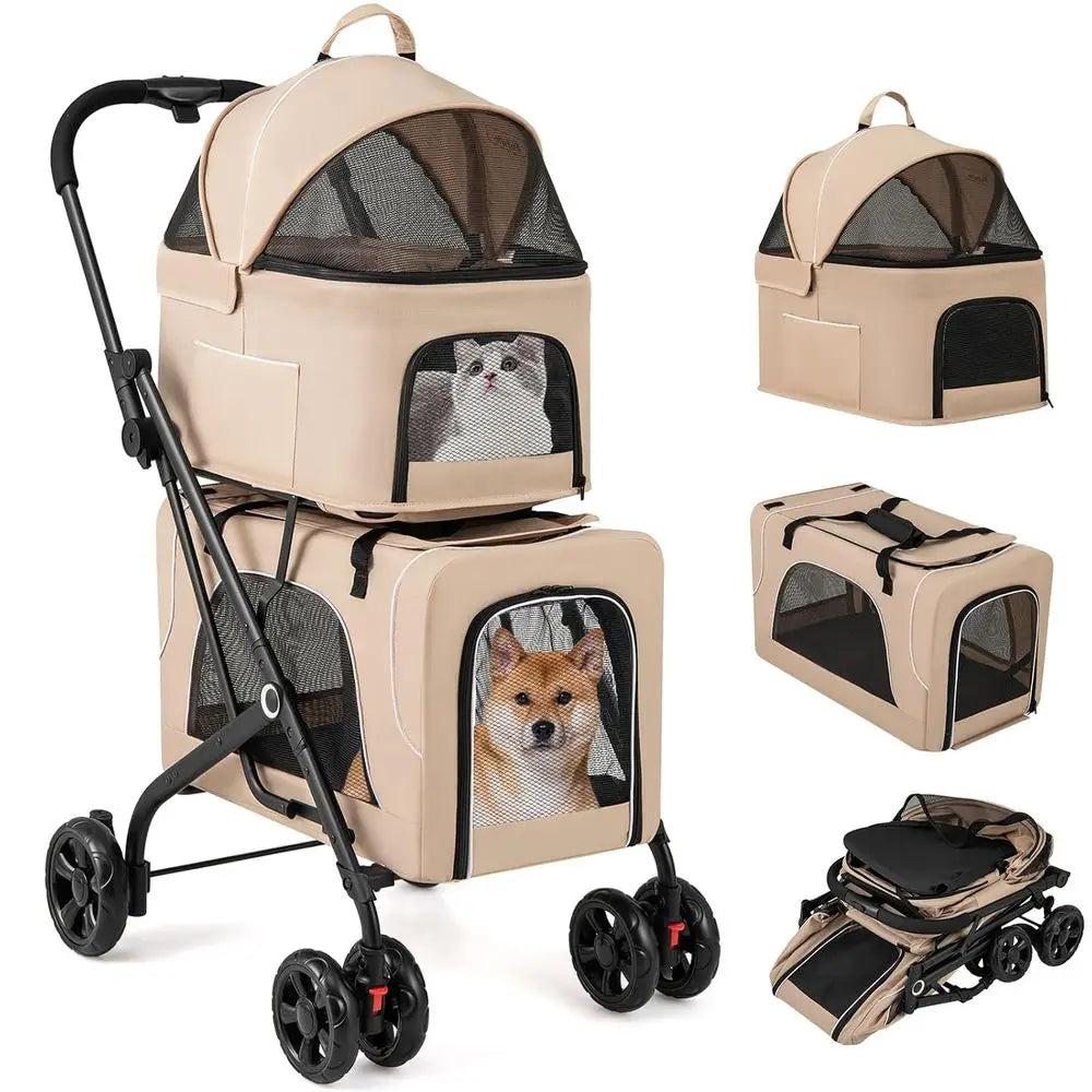 Double Pet Stroller With Detachable Carriers And Lockable Wheels