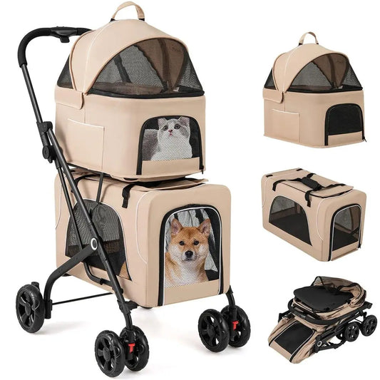 Double Pet Stroller With Detachable Carriers And Lockable Wheels