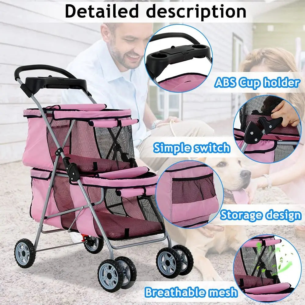 Double Pet Stroller For Dogs And Cats With Travel Carrier