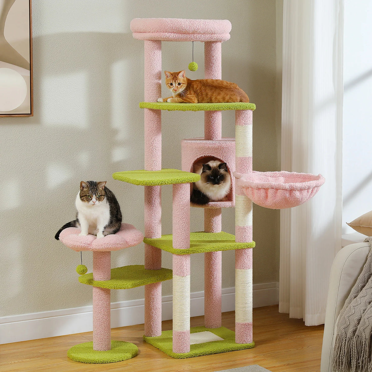 PEQULTI Large Indoor Cat Tower With Scratching Posts And Hammock
