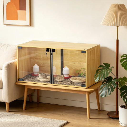 Wooden Small Animal Cage With Tempered Glass For Pets