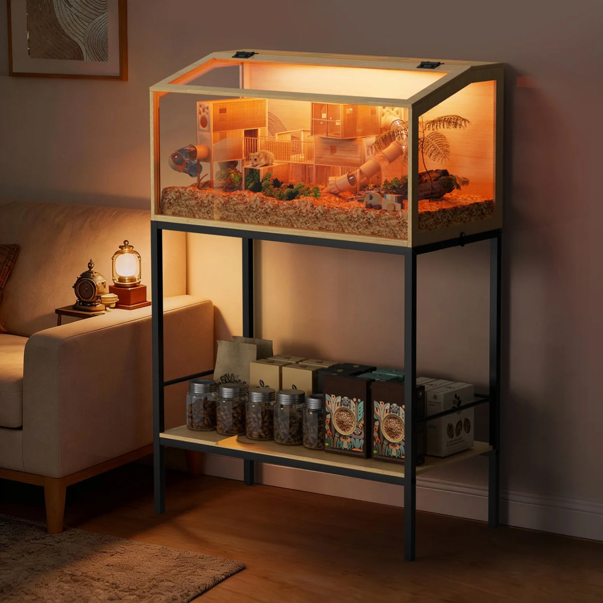 Chewproof Wooden Hamster Habitat Featuring Tempered Glass And Led Lighting
