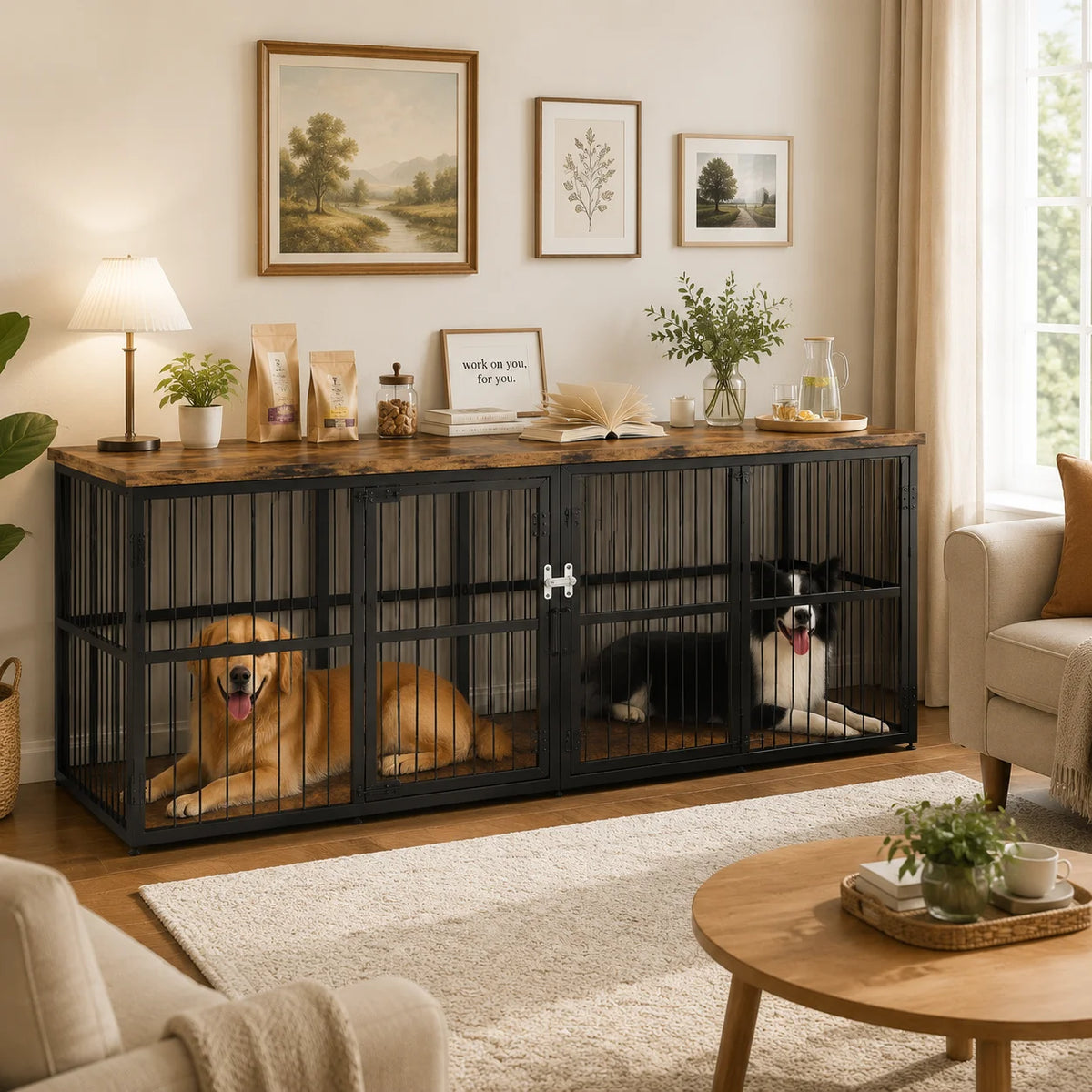 Heavy Duty Wooden Double Dog Crate Furniture Storage Cabinet