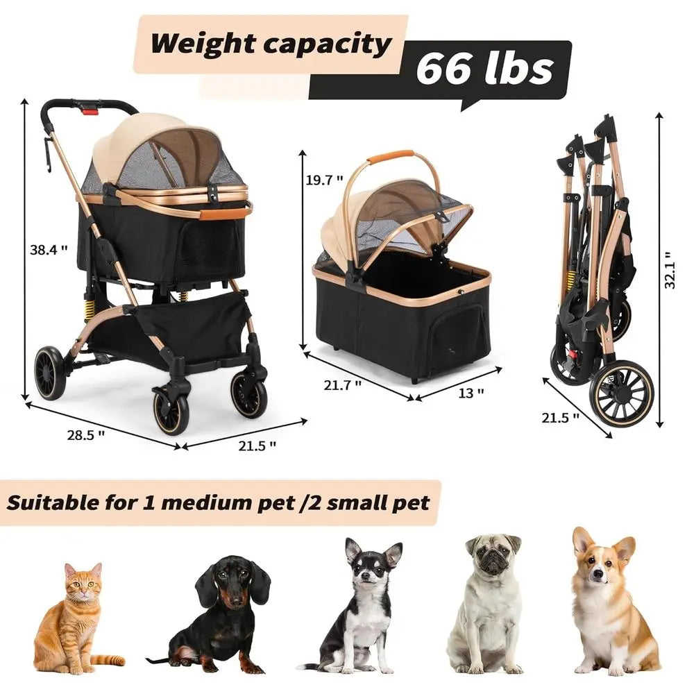 Pet Dog Stroller With Shock Absorbers, Removable Cabin And Basket