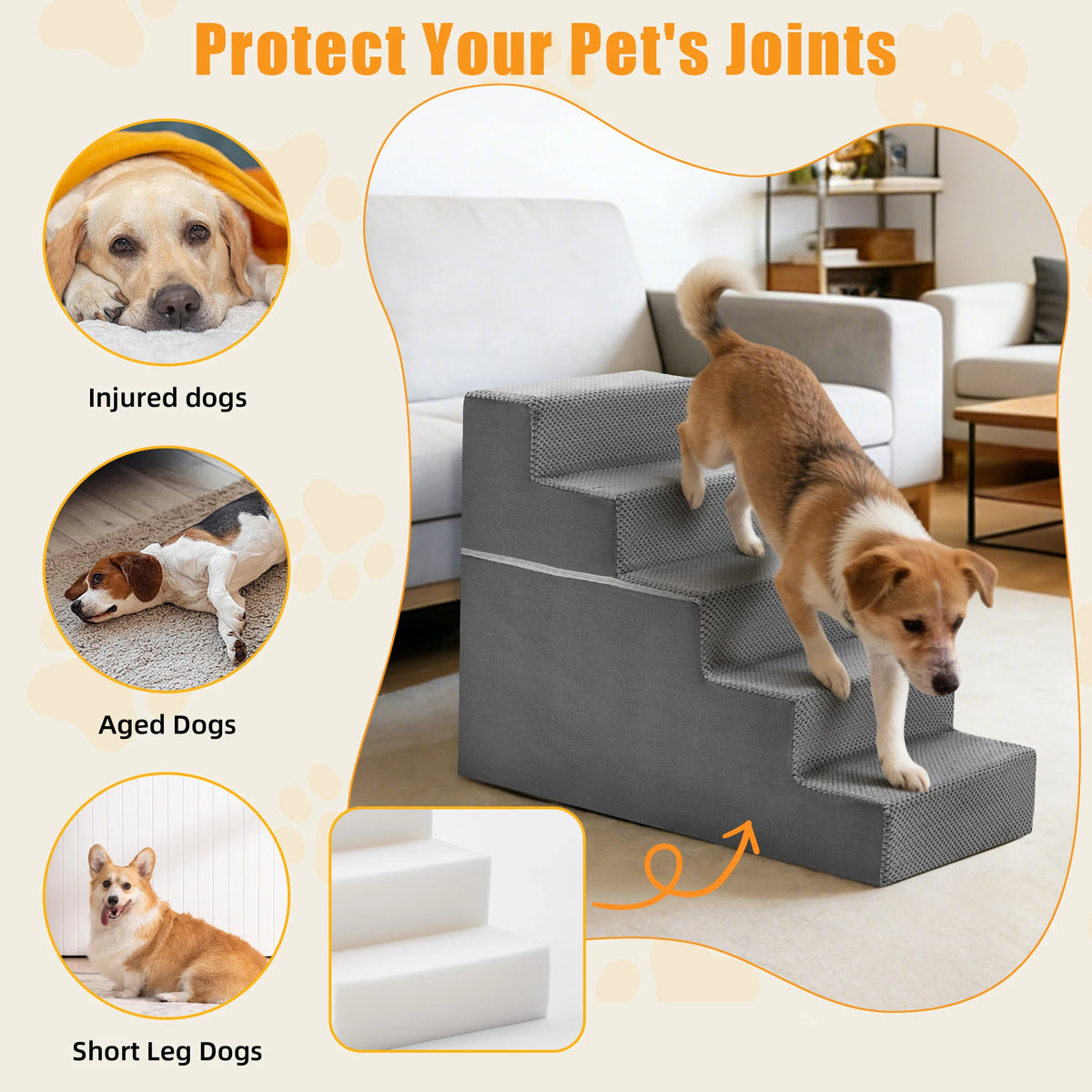 Heavy Duty Foam Dog Stair Ramp For Small Dogs Indoor
