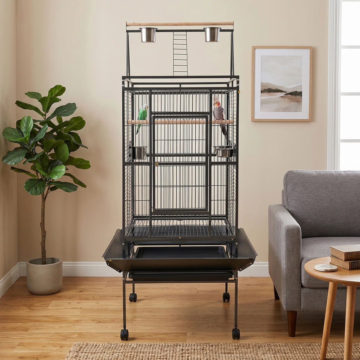 Spacious Rolling Parrot Bird Cage With Sturdy Iron Playtop