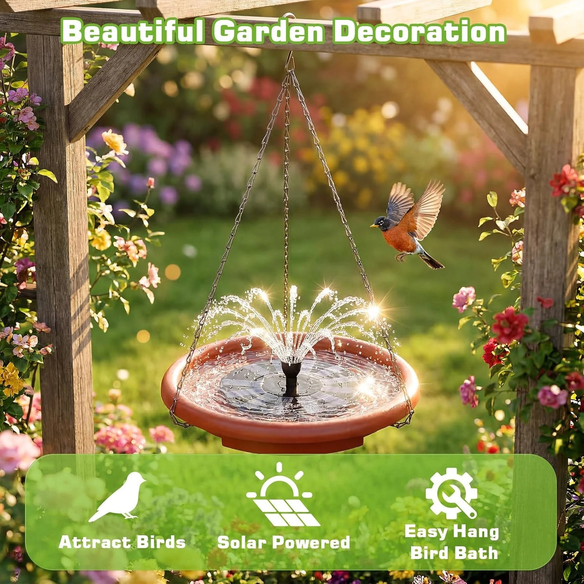 Hanging Solar Bird Bath With Fountain For Garden Decor