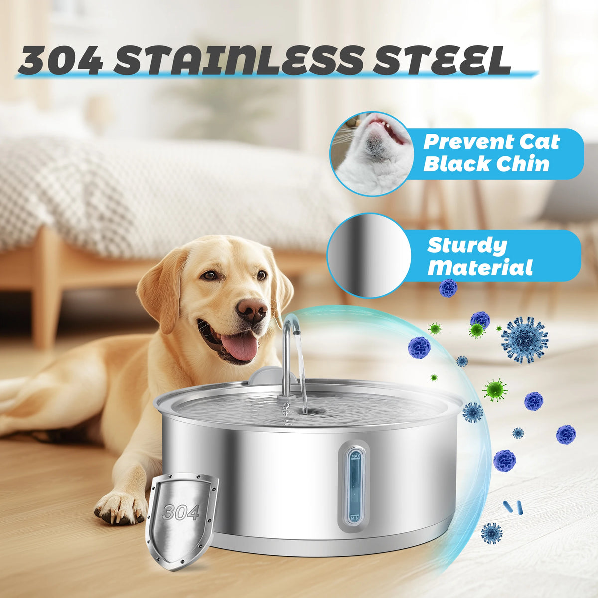 Stainless Steel Water Fountain With Filter For Cats And Dogs