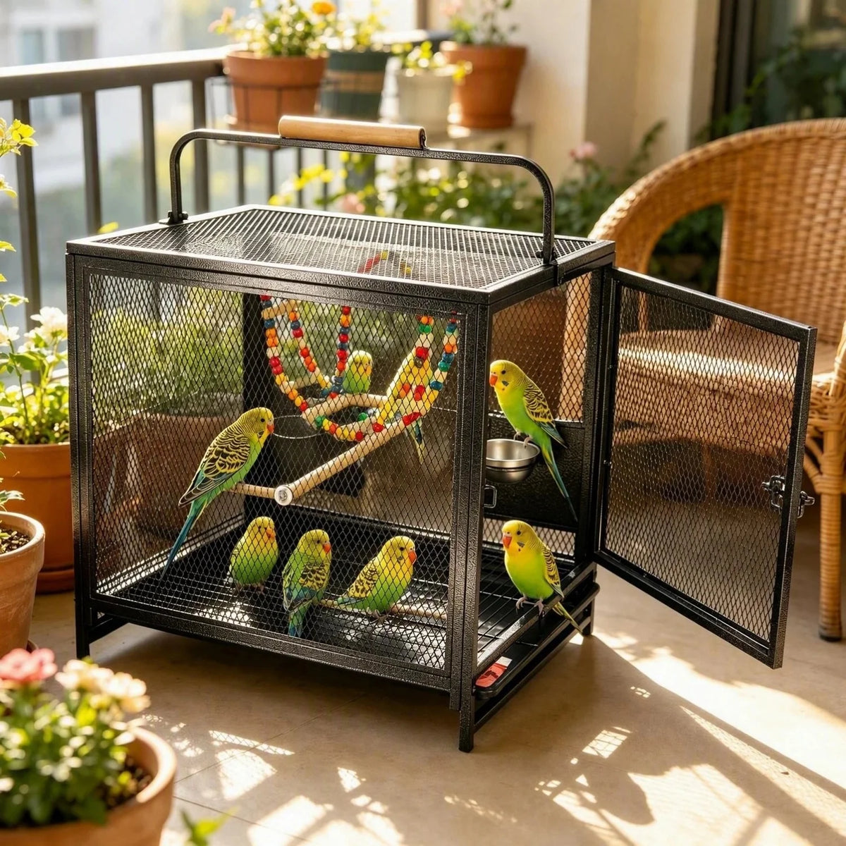 Wrought Iron Standing Bird Cage With Swing Perches And Tray