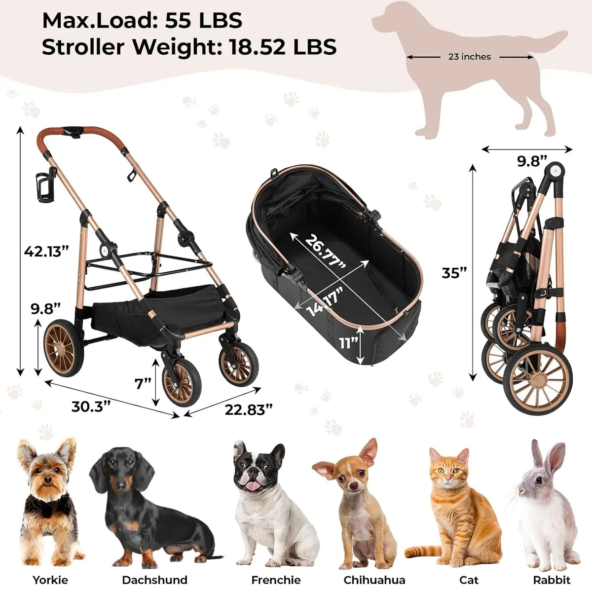 Foldable Three In One Pet Stroller With Carrier Storage Basket