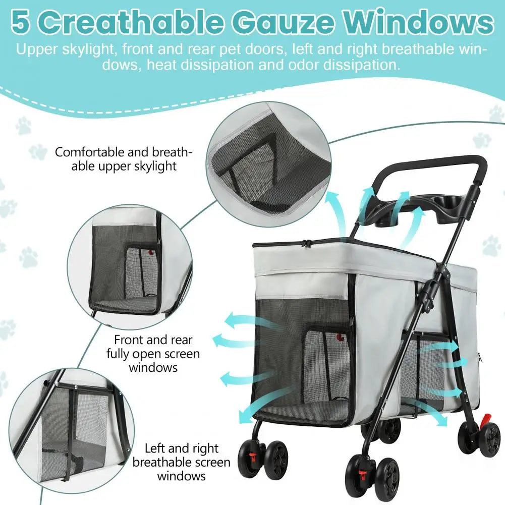 Foldable Dog Stroller With 360 Degree Wheels And Ventilation Windows