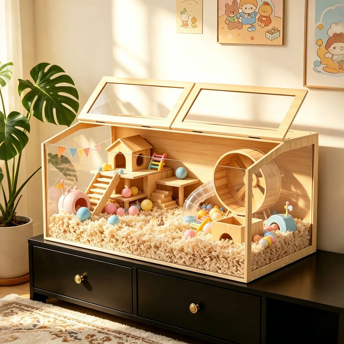 Wooden Hamster Cage With Tempered Glass Panels For Guinea Pigs
