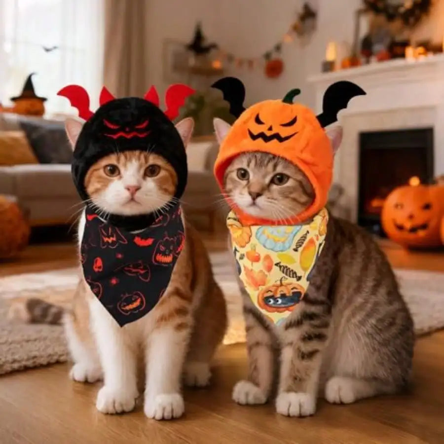 Halloween Cat Costume Set With Pumpkin, Bat And Festive Scarves