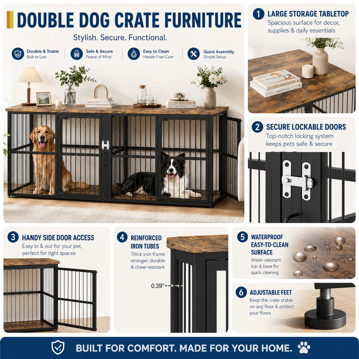 Heavy Duty Wooden Double Dog Crate Furniture Storage Cabinet