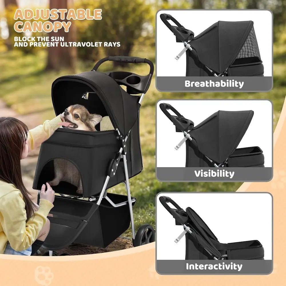 Three Wheel Pet Stroller Lightweight Carrier For Dogs And Cats