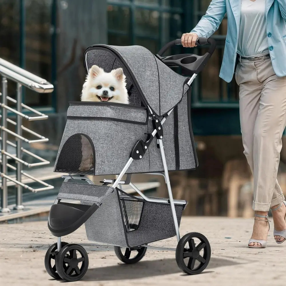 Three Wheel Pet Stroller Foldable Travel Carrier For Dogs Cats