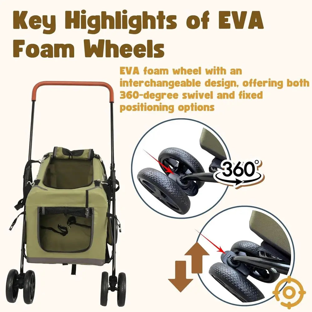 Portable Pet Stroller With Detachable Carrier For Dogs And Cats