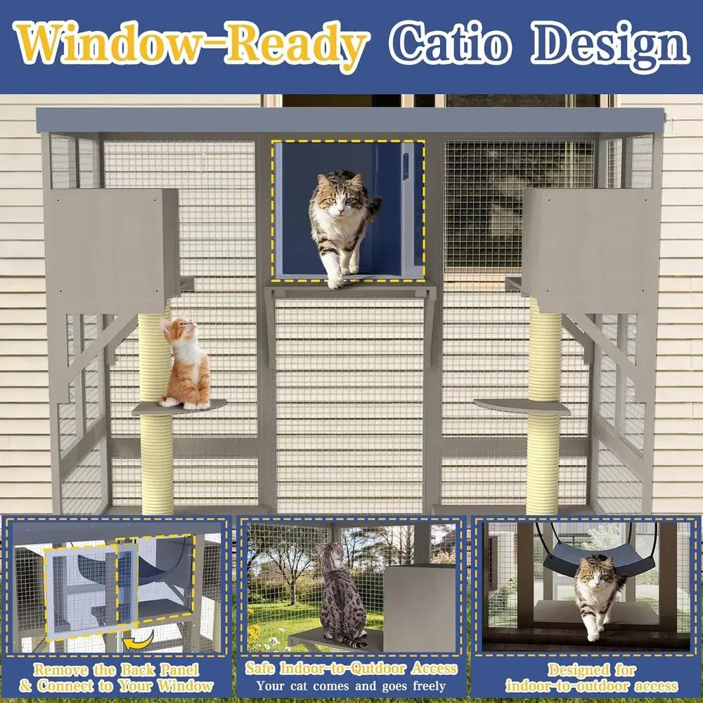 Outdoor Catio Enclosure For Multiple Cats With Hammock Platform