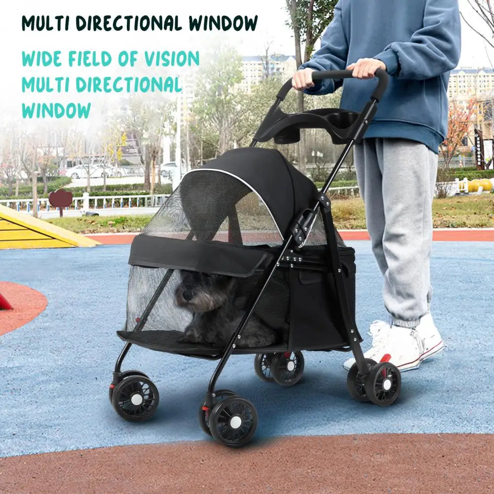 Folding Pet Stroller With Breathable Mesh And Cup Holder