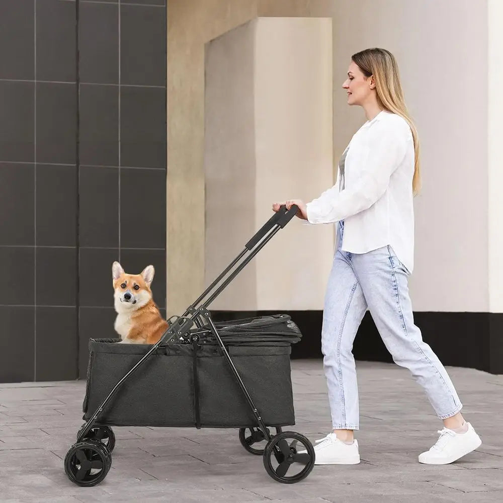 Foldable Dog Travel Stroller With Heavy Duty Wheels Adjustable Handle