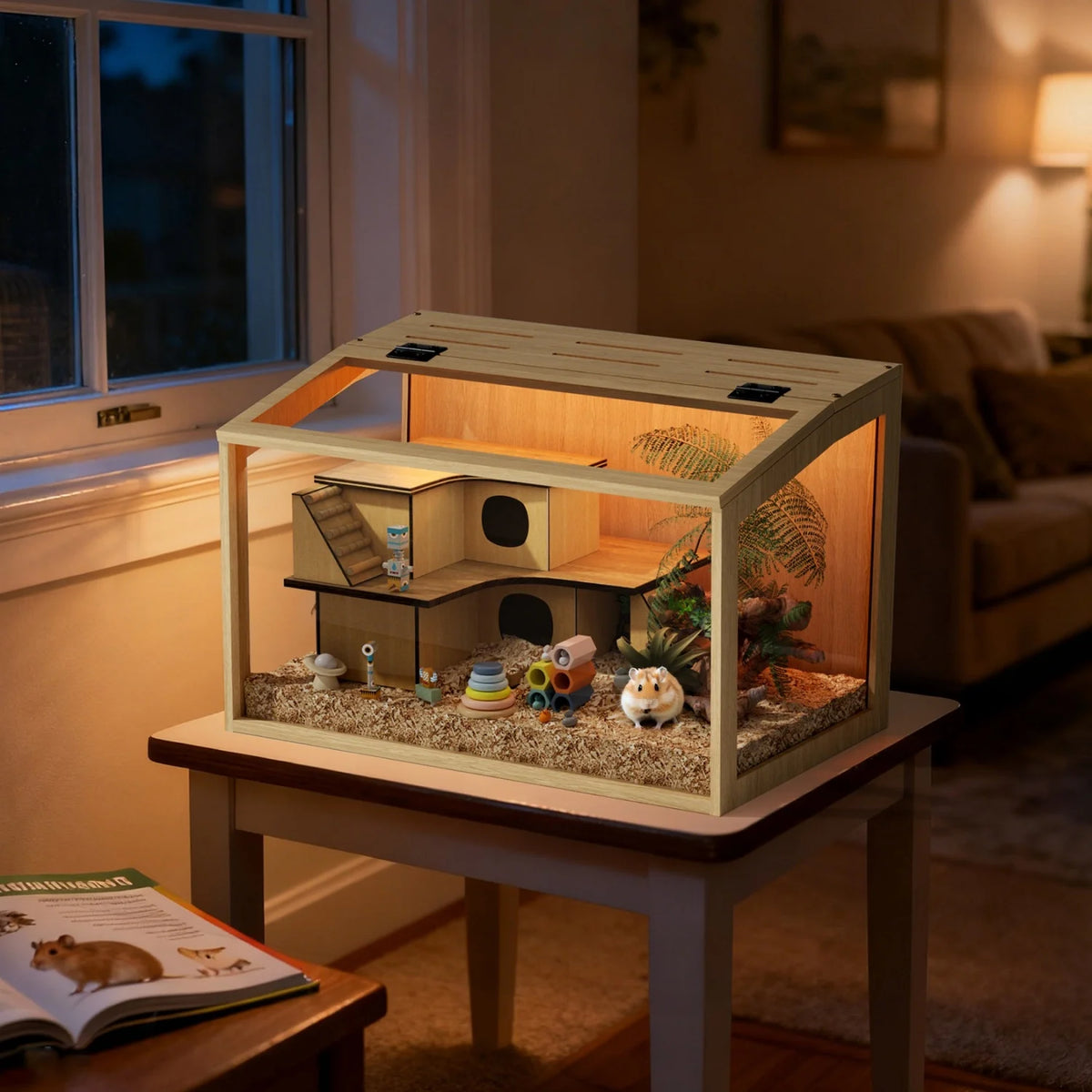 Chewproof Wooden Hamster Habitat Featuring Tempered Glass And Led Lighting
