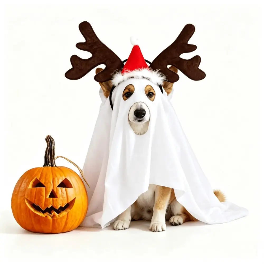 Halloween Ghost Pet Cape And Reindeer Antlers Headband Costume Set