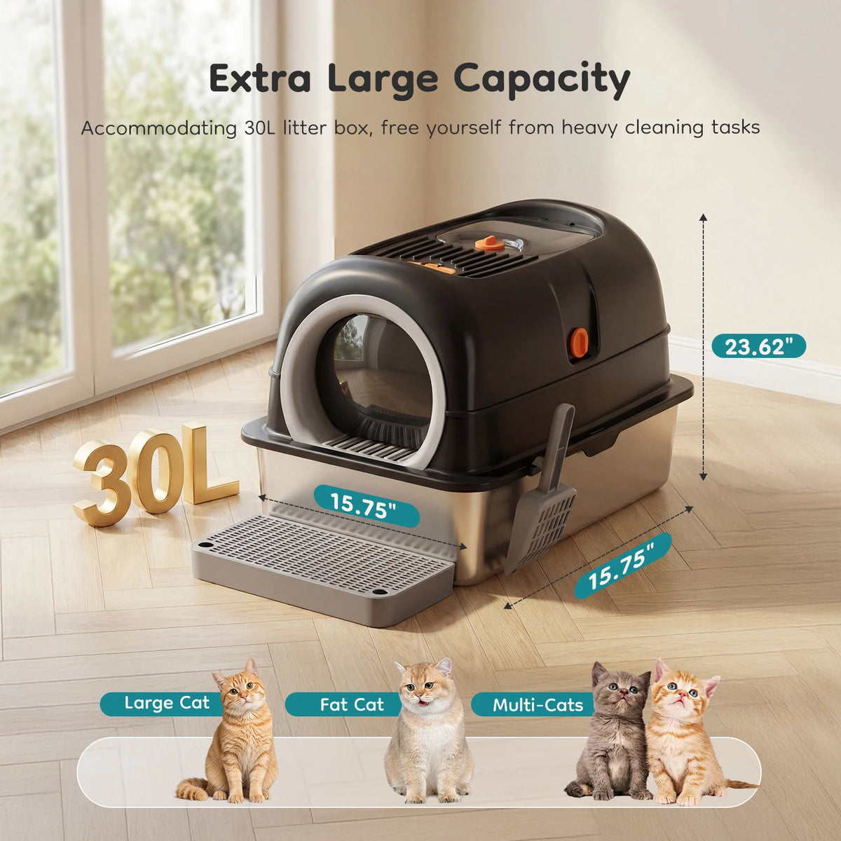 Fully Enclosed Stainless Steel Cat Litter Box For Big Cats