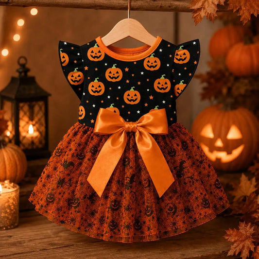 Halloween Pumpkin Print Dog Dress With Bow For Everyday Wear