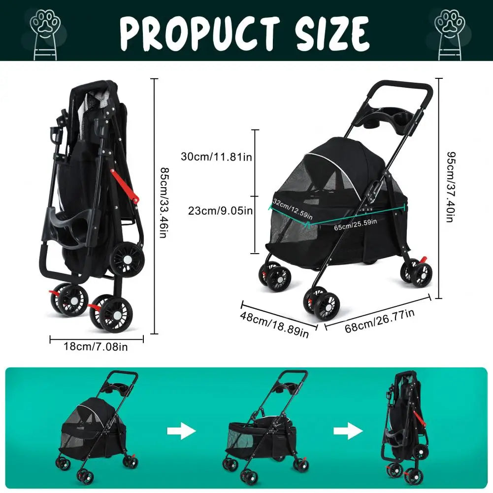 Folding Pet Stroller With Breathable Mesh And Cup Holder