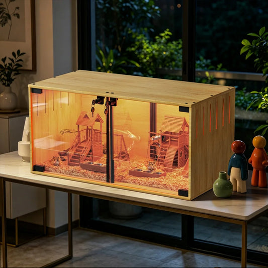 Wooden Small Animal Cage With Dual Doors And Removable Divider